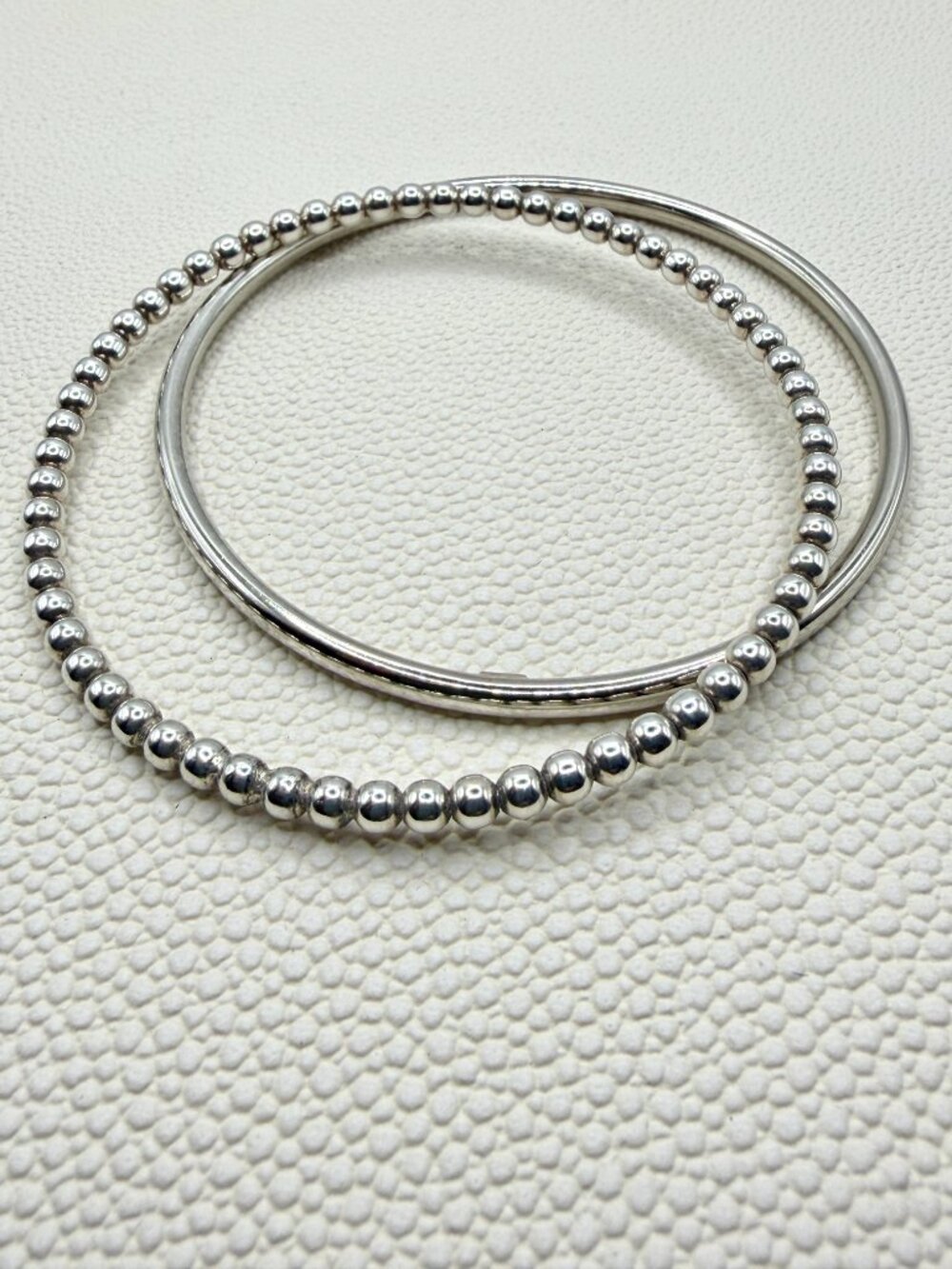 Sterling Silver Large Bangle & Beaded Ball Bracelet Bundle – Hoop + Caviar